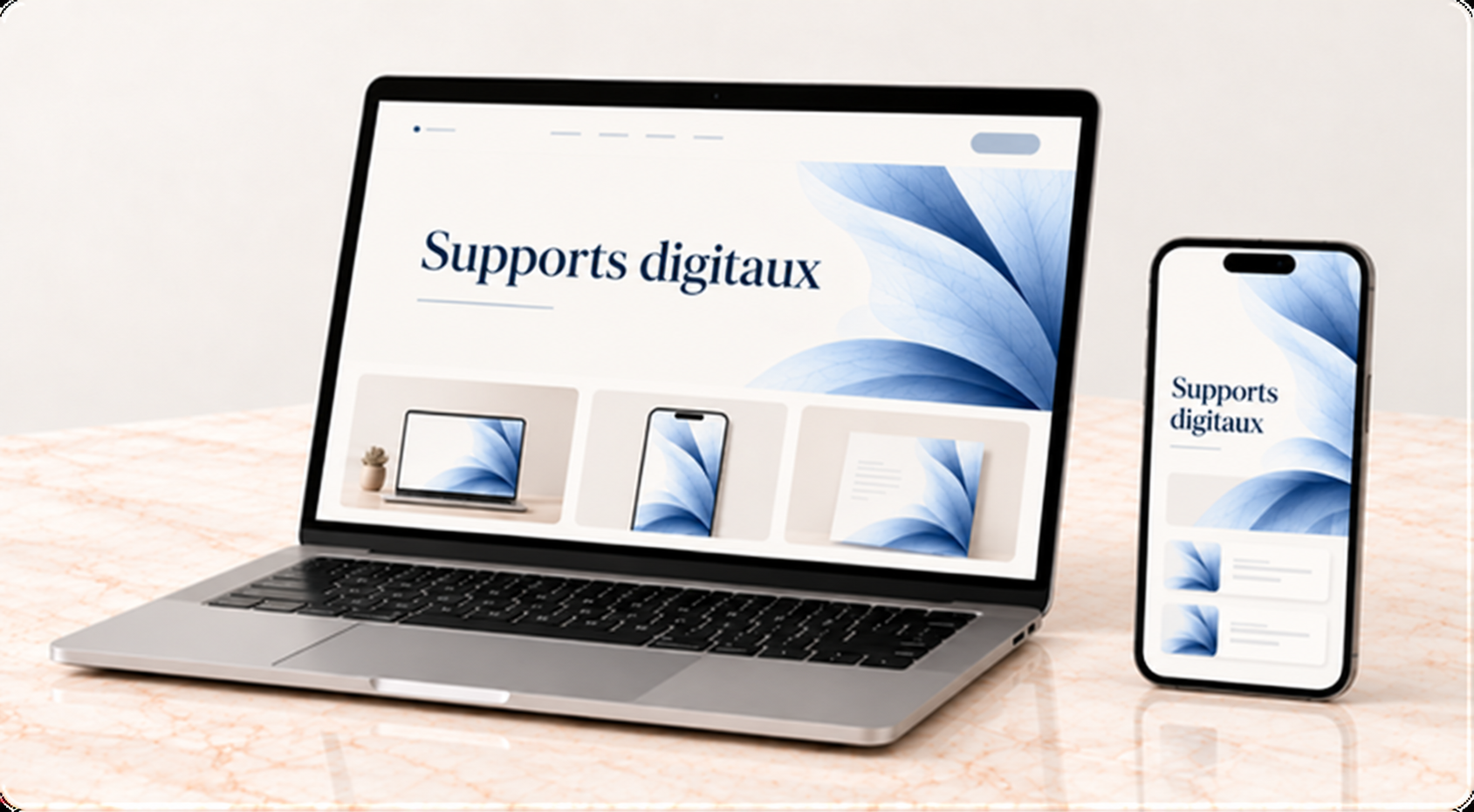 Supports de communication : illustration des supports digitaux et imprimés conçus pour présenter et valoriser une activité professionnelle.